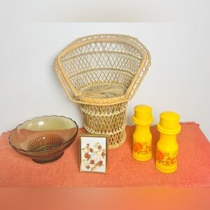 Boho Vintage Starter Pack Lot: mini rattan wicker chair, Avon salt/pepper etc